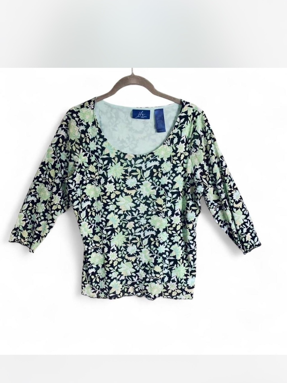 Cottagecore JH Collectibles Mint Green Floral on Black Scoop-Neck 3/4 Sleeve Top